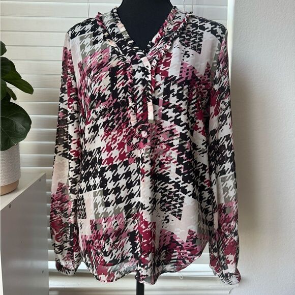 Karl Lagerfeld Paris Houndstooth-Print Chiffon Top Blouse Sz M Office Career - Picture 8 of 9